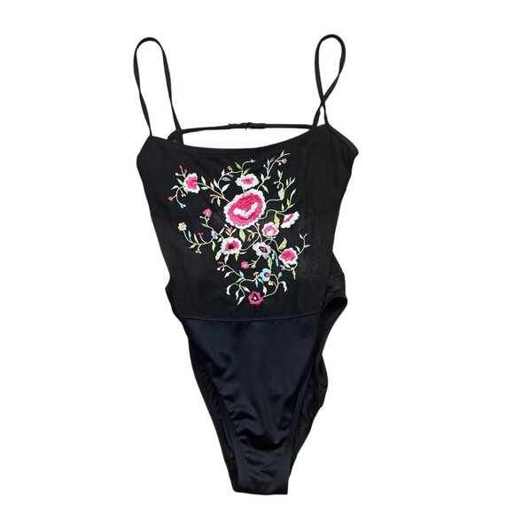 Victoria Secret vintage Bodysuit Black Micro Mesh Embroidery Swimwear  Open Back - Picture 7 of 16